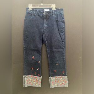 Gasoline Cherry Cherries Embroidered Capri Denim Pants Girls Jeans 2000s Summer
